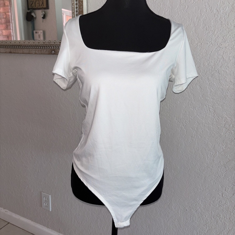 Live In The Moment Bodysuit Sz Large Short Sleeve Square Neck Stretchy Ivory - Picture 2 of 5